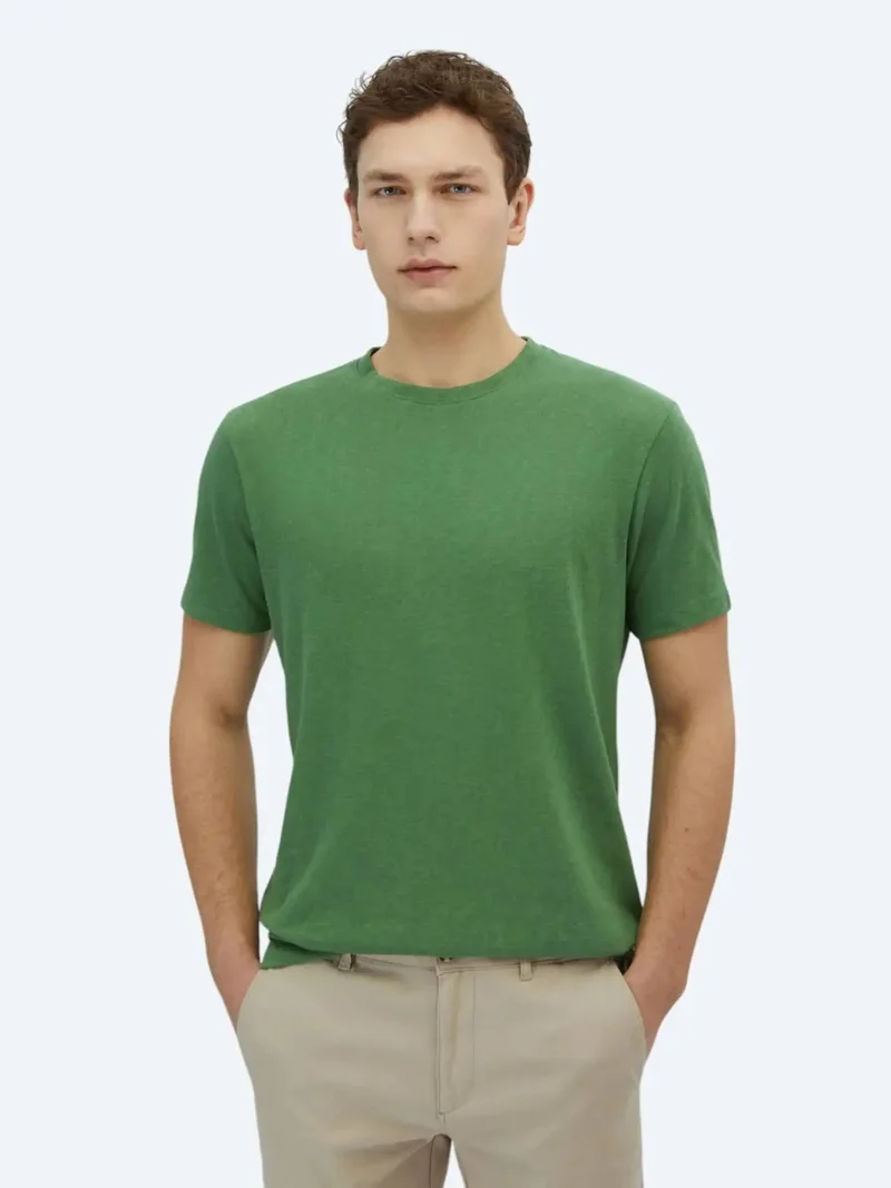 Kip Pistachio Green Plain Crew Neck Cotton Blended T-Shirt