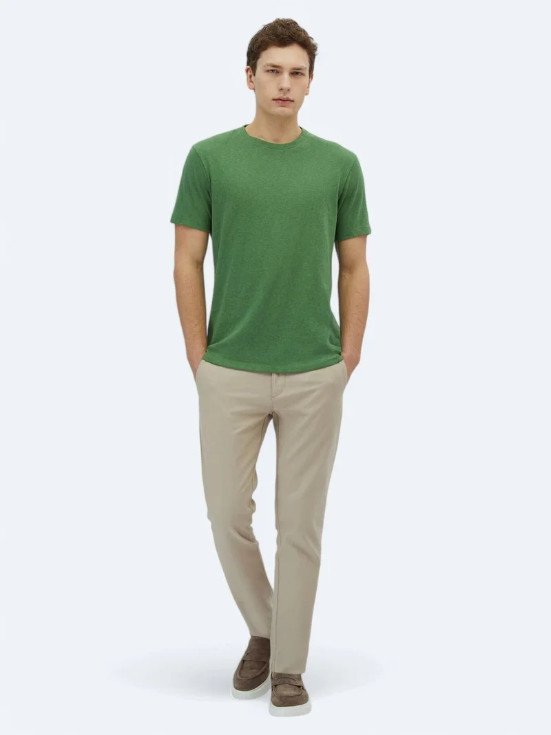 Kip Pistachio Green Plain Crew Neck Cotton Blended T-Shirt
