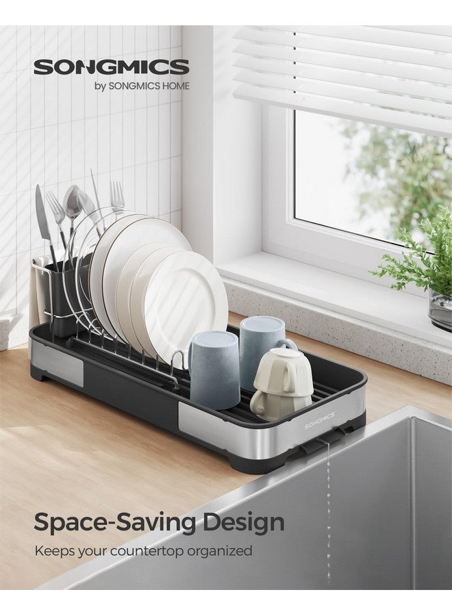 SONGMICS SONGMICS Small Dish Drying Rack, Dish Dryer for Kitchen Counter, Stainless Steel Dish Rack with Drain, Utensil Holder, Rustproof, for Dishes, Knives, Spoons, Forks, Silver and Black UKCS034B01 - Image 3
