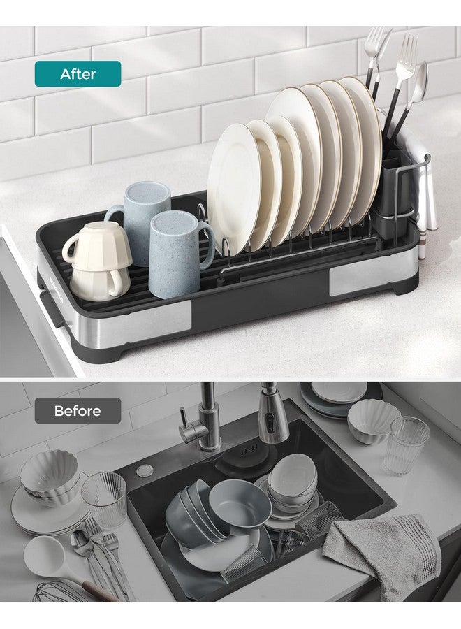 SONGMICS SONGMICS Small Dish Drying Rack, Dish Dryer for Kitchen Counter, Stainless Steel Dish Rack with Drain, Utensil Holder, Rustproof, for Dishes, Knives, Spoons, Forks, Silver and Black UKCS034B01 - Image 4