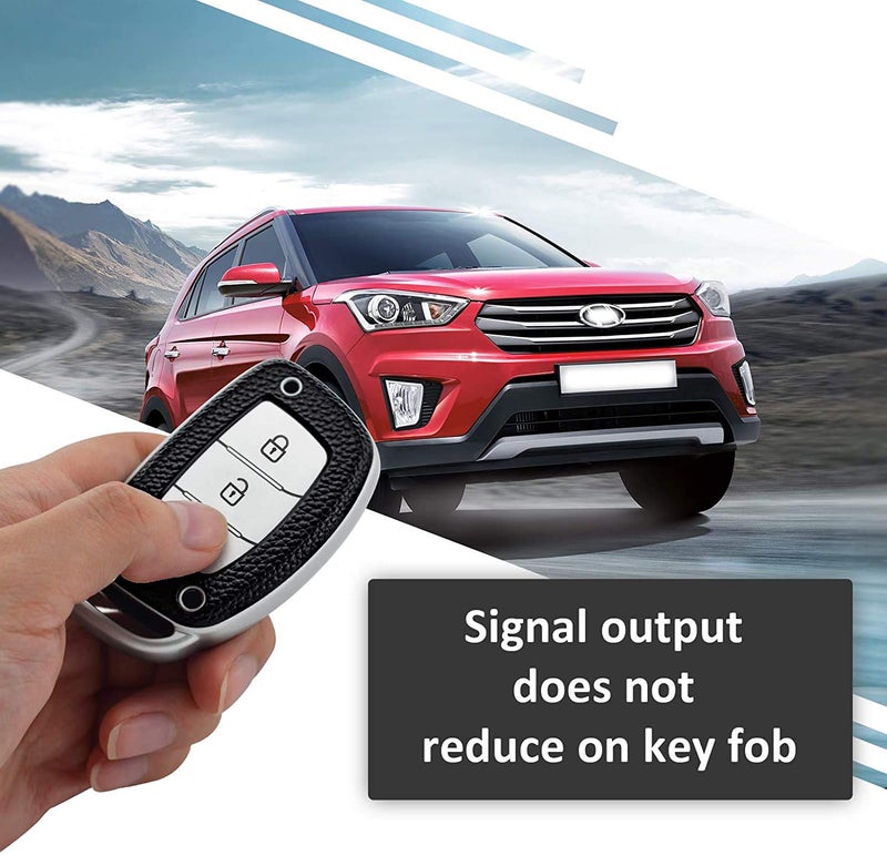 JVCV غطاء مفتاح جاف سي في® الفاخر من TPU بنمط الجلد متوافق مع هيونداي كريتا، i10 جراند، i20 إليت، i20 أكتيف، إكسنت، فيرنا 4s، توسان، إيلانtra، جراند i10 نيوس 3 أزرار مفتاح ذكي (فضي أسود) - Image 5