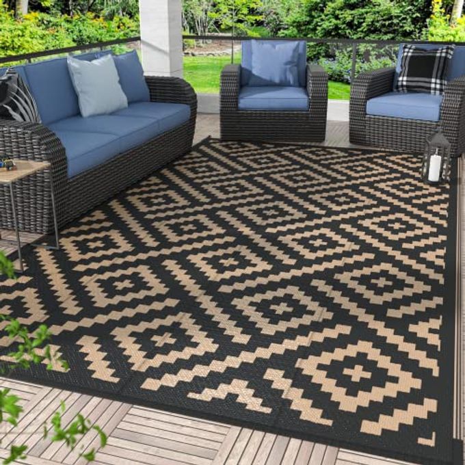 GENIMO Outdoor Rug for Patio Clearance6x9 Waterproof MatReversible Plastic Camping RugsRvDeckPorchCamperBalconyBackyard Black Brown