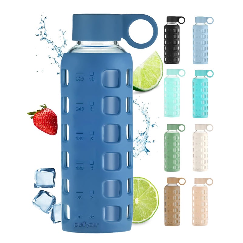 purifyou 40oz / 32oz / 22oz / 12oz Borosilicate Glass Water Bottle with Time & Volume Markers, Silicone Sleeve, Stainless Steel Lid | Reusable Glass Bottle for Water & Juice (12oz Chinese Porcelain) - Image 1