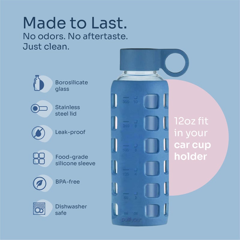 purifyou 40oz / 32oz / 22oz / 12oz Borosilicate Glass Water Bottle with Time & Volume Markers, Silicone Sleeve, Stainless Steel Lid | Reusable Glass Bottle for Water & Juice (12oz Chinese Porcelain) - Image 4
