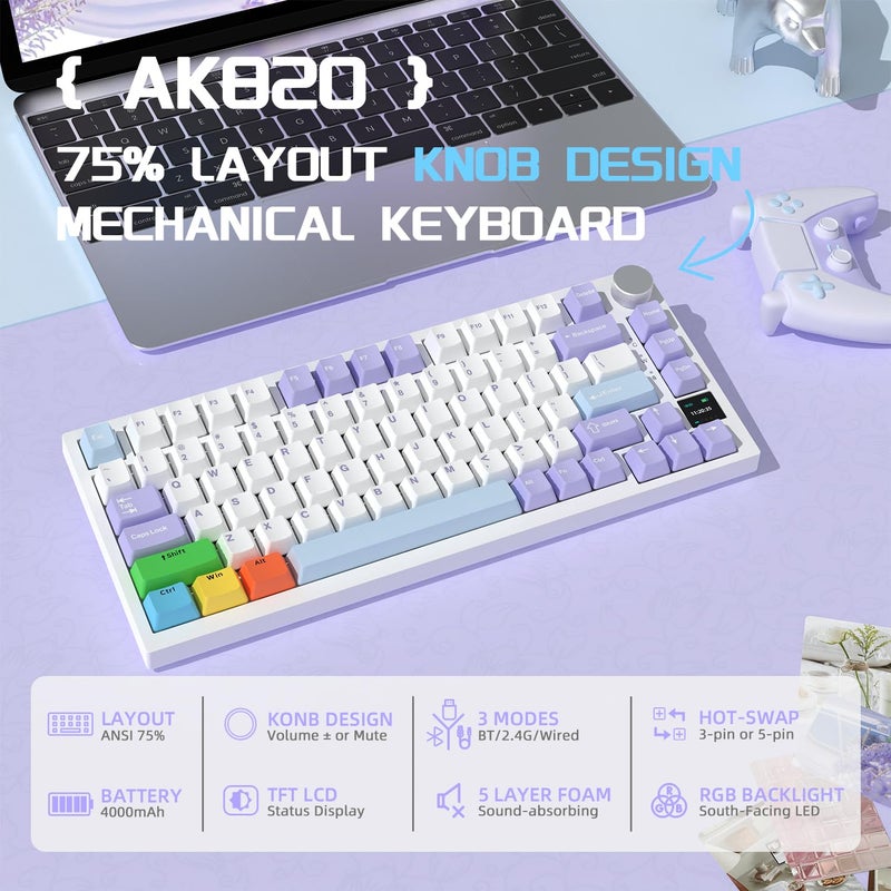 Attack Shark X820Ultra Wireless 75% Mechanical Gaming Keyboard with Screen & Knob Hot Swap 2.4GHz/BT/Wired RGB Backlit Gasket Mount Side Print PBT Keycap QMK Web Driver Shark Switch-White Contour - Image 2