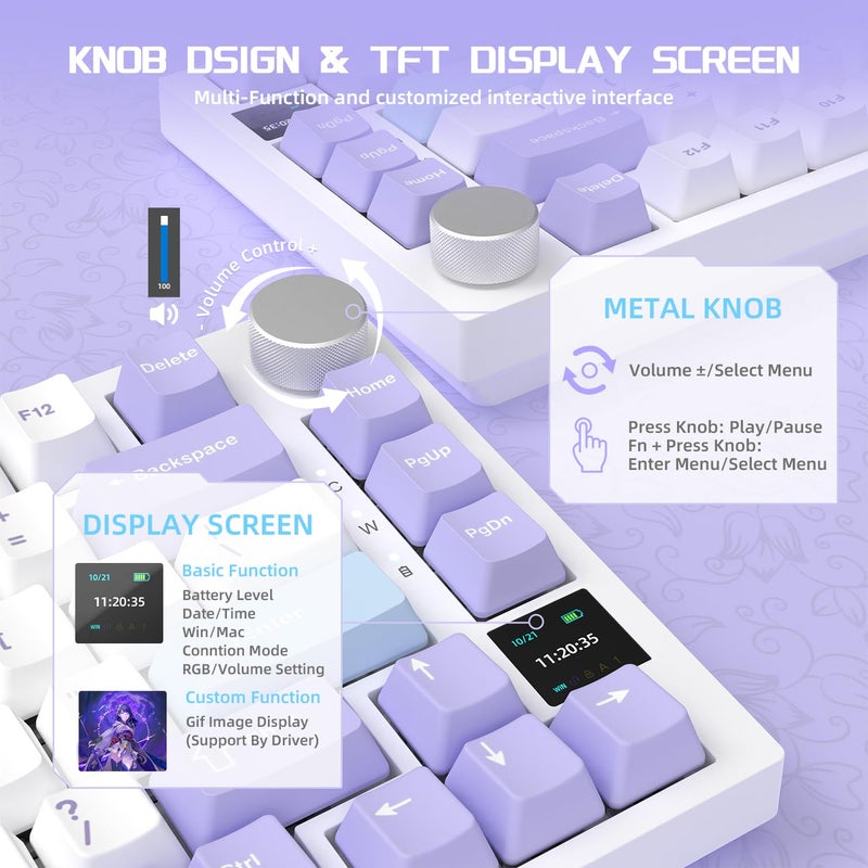 Attack Shark X820Ultra Wireless 75% Mechanical Gaming Keyboard with Screen & Knob Hot Swap 2.4GHz/BT/Wired RGB Backlit Gasket Mount Side Print PBT Keycap QMK Web Driver Shark Switch-White Contour - Image 3