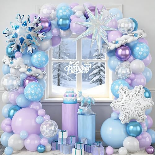 Froova Winter Balloon Arch Kit Blue Purple Silver and Snowflake Balloon Garland Iridescent Star Snowflake Foil Balloons for Winter Wonderland Baby Shower Girls Princess Birthday Party Decorations - Image 1