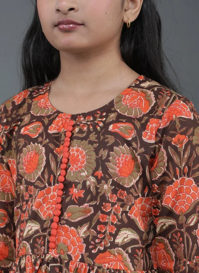 AKS Floral Printed A-Line Kurta Set for Girls