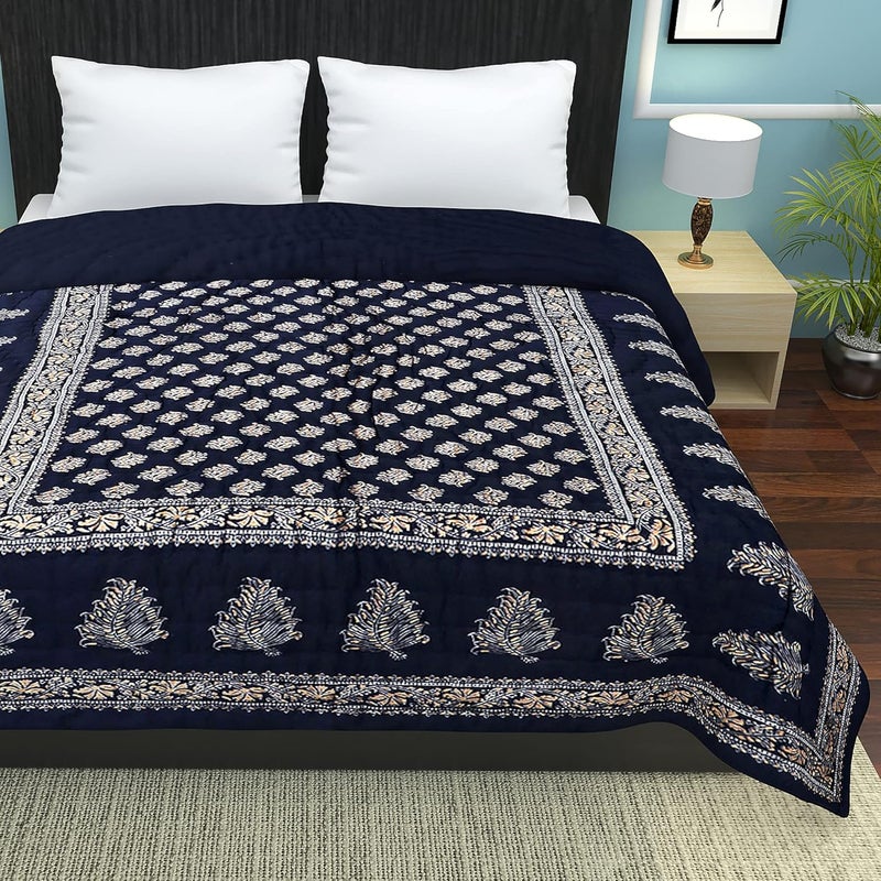 TEEJA TEEJA Jaipuri Razai Organic Pure Cotton Sanganeri Print Ac Quilt for All Season Soft Light Weight Rajasthani Cotton Quilt Single Bed Blue  - Image 4
