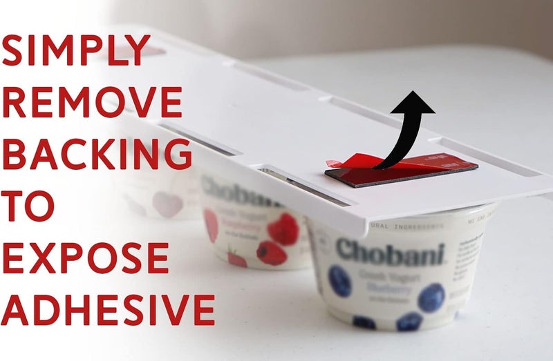 Storage Theory Yogurt Organizer for Fridge - Hold 4 Wide-Mouth Greek Yogurt Cups - Peel and Stick Yogurt Storage Organizer for Refrigerator - White, 2 Pack - Image 5