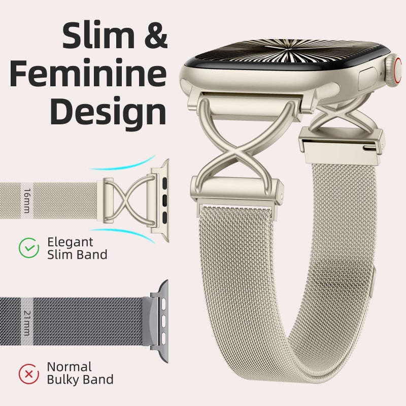 Dirrelo Slim Band Compatible with Apple Watch Bands for Women 41mm 40mm 42mm 44mm 45mm 49mm 38mm 46mm,Stainless Steel Magnetic Clasp Strap Wristband for iWatch Series 11 10 9 8 SE 3 7 6 5 4,Starlight - Image 2