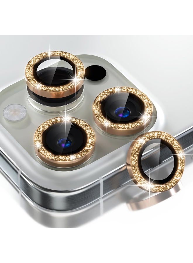 Choiche Compatible for iPhone 16 Pro/iPhone 16 Pro Max Camera Lens Protector Bling, 9H Tempered Glass Camera Cover Screen Protector Metal Ring Decoration Accessories (Glitter-Gold) - Image 1