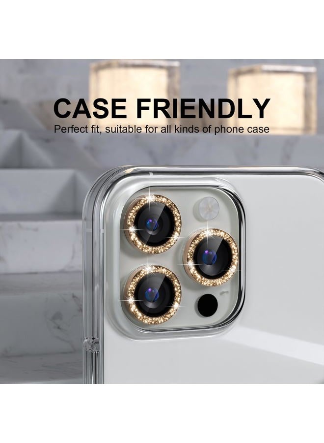 Choiche Compatible for iPhone 16 Pro/iPhone 16 Pro Max Camera Lens Protector Bling, 9H Tempered Glass Camera Cover Screen Protector Metal Ring Decoration Accessories (Glitter-Gold) - Image 3
