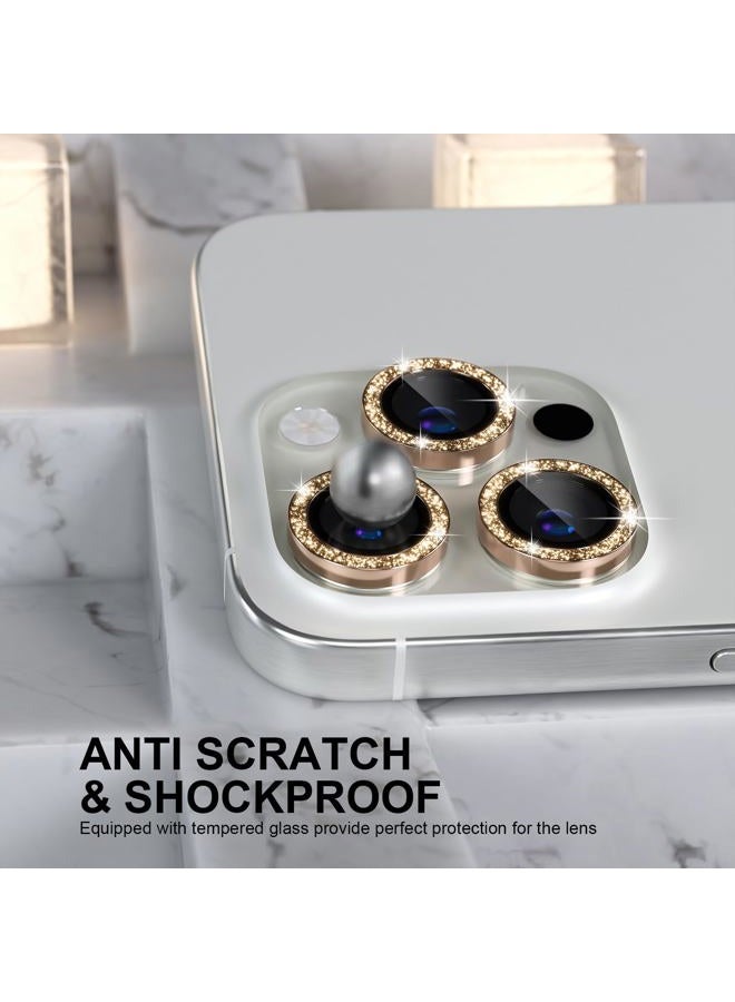 Choiche Compatible for iPhone 16 Pro/iPhone 16 Pro Max Camera Lens Protector Bling, 9H Tempered Glass Camera Cover Screen Protector Metal Ring Decoration Accessories (Glitter-Gold) - Image 2