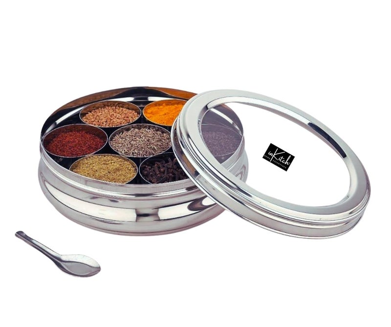 inKitch Stainless Steel Belly Shape Kitchen Spice Box Masala Container Masala Dani with individual See through lid with 7 Containers and Small SpoonLarge - Image 1