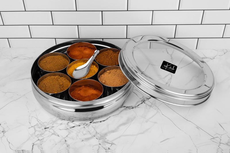 inKitch Stainless Steel Belly Shape Kitchen Spice Box Masala Container Masala Dani with individual See through lid with 7 Containers and Small SpoonLarge - Image 2