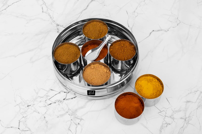 inKitch Stainless Steel Belly Shape Kitchen Spice Box Masala Container Masala Dani with individual See through lid with 7 Containers and Small SpoonLarge - Image 5