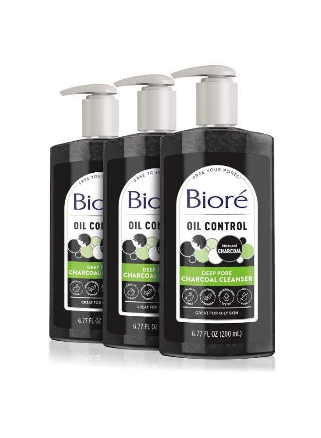 Biore Deep Pore Charcoal Face Wash, Daily Facial Cleanser for Dirt & Makeup Removal, for Oily Skin, 6.77 Oz, Pack of 3 - Image 1