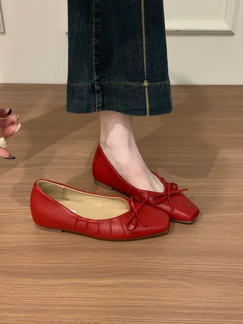 Women's Sheepskin Bow Ballet Flats with Hidden Wedge Heel - 2026 New Arrival Polka Dot Elegant Shoes