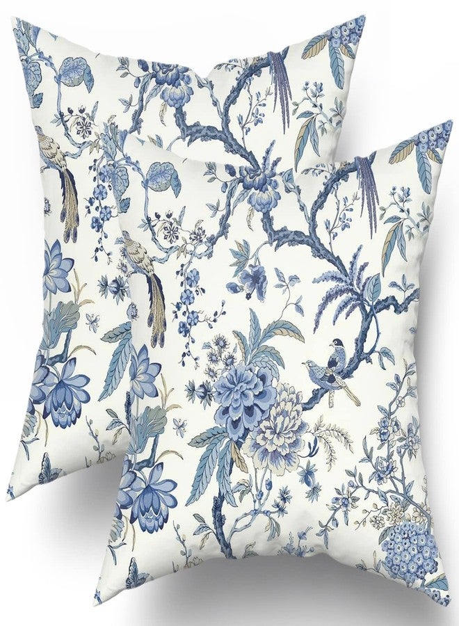 Sweetshow Chinoiserie Pillow Covers Set of 2 Blue and White Outdoor Pillows Bule Birds Flowers Throw 18x18 Inch Cotton Square Cushion Cover Decor for Bedroom Couch Bed Living Room Sofa Chair - Image 1