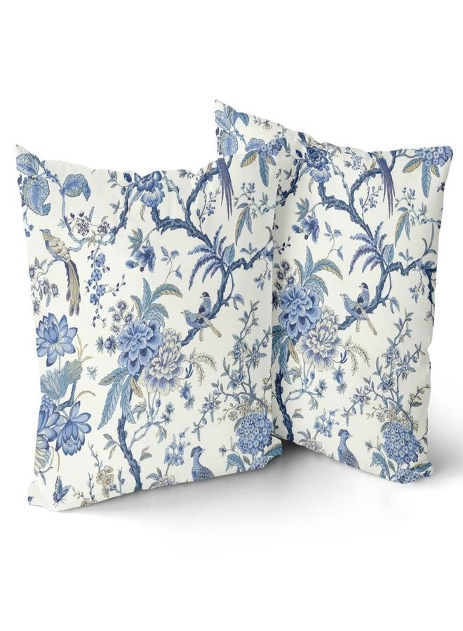 Sweetshow Chinoiserie Pillow Covers Set of 2 Blue and White Outdoor Pillows Bule Birds Flowers Throw 18x18 Inch Cotton Square Cushion Cover Decor for Bedroom Couch Bed Living Room Sofa Chair - Image 2