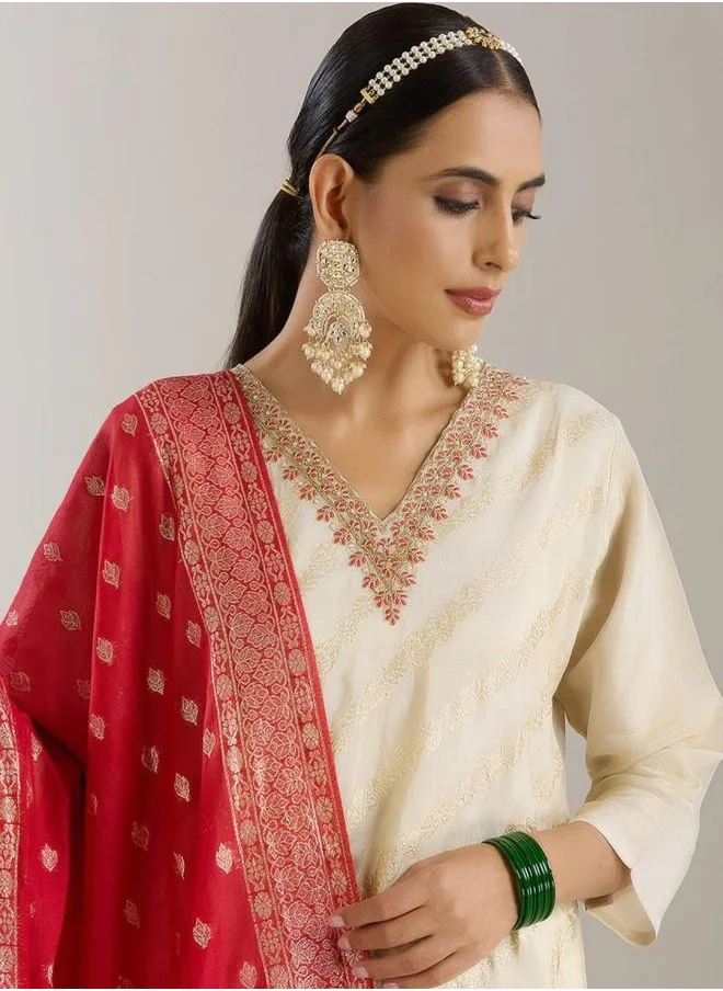 ISHIN Palazzo Women White Poly silk Kurta Set with Embroidered pattern Tunic and Palazzo features a Round neckline and Three-Fourth Sleeve secured with Elastic closure and styled in Straight Fit ideal for Festive moments — a must-have for your statement wardrobe.
