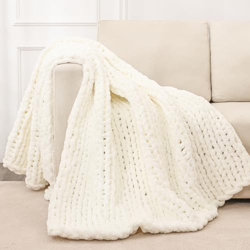 Bigacogo Chunky Knit Throw Blanket for Couch, 40x60 inches, 100% Hand Knitted with Thick Jumbo Chenille Yarn, Cozy Soft Large Rope Knot Cable Crochet Blankets for Sofa Bed Living Room, Ivory - Image 1
