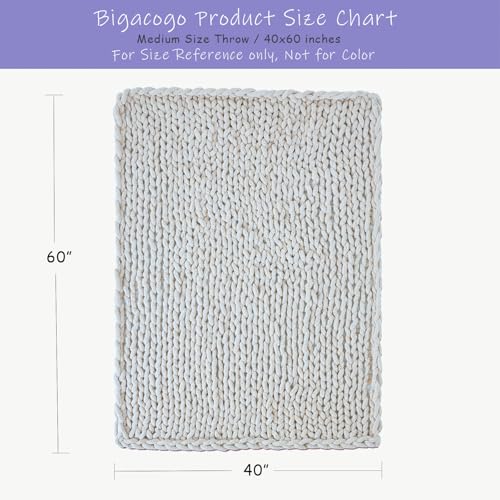 Bigacogo Chunky Knit Throw Blanket for Couch, 40x60 inches, 100% Hand Knitted with Thick Jumbo Chenille Yarn, Cozy Soft Large Rope Knot Cable Crochet Blankets for Sofa Bed Living Room, Ivory - Image 2