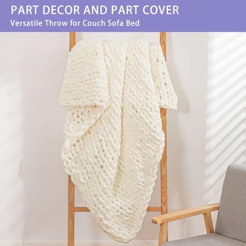 Bigacogo Chunky Knit Throw Blanket for Couch, 40x60 inches, 100% Hand Knitted with Thick Jumbo Chenille Yarn, Cozy Soft Large Rope Knot Cable Crochet Blankets for Sofa Bed Living Room, Ivory - Image 4