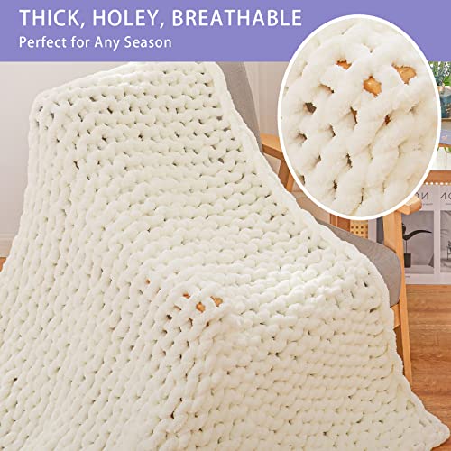 Bigacogo Chunky Knit Throw Blanket for Couch, 40x60 inches, 100% Hand Knitted with Thick Jumbo Chenille Yarn, Cozy Soft Large Rope Knot Cable Crochet Blankets for Sofa Bed Living Room, Ivory - Image 3