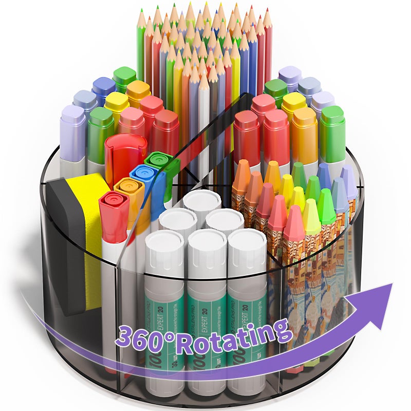 Mefirt Acrylic Pen Organizer 360 Degree Rotating Desk Organizer with 6 Compartments Crayon Holder for Office School Home Art Supply Grey