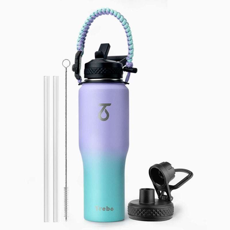 Trebo 32oz Insulated Water Bottle that Fits in Cup Holder Stainless Steel Double Wall Tumbler Bottles with Paracord Handle Flask with Straw Spout Lids Keep Cold for 48 HrsHot 24 HrsCotton Candy