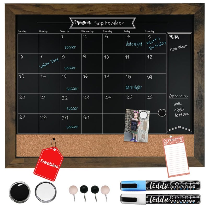 Loddie Doddie Chalkboard Calendar Bulletin Combo 18 x 24 Rustic Frame with Chalk Markers PushPins Magnets Blackboard Kitchen Wall Calendar Organizer