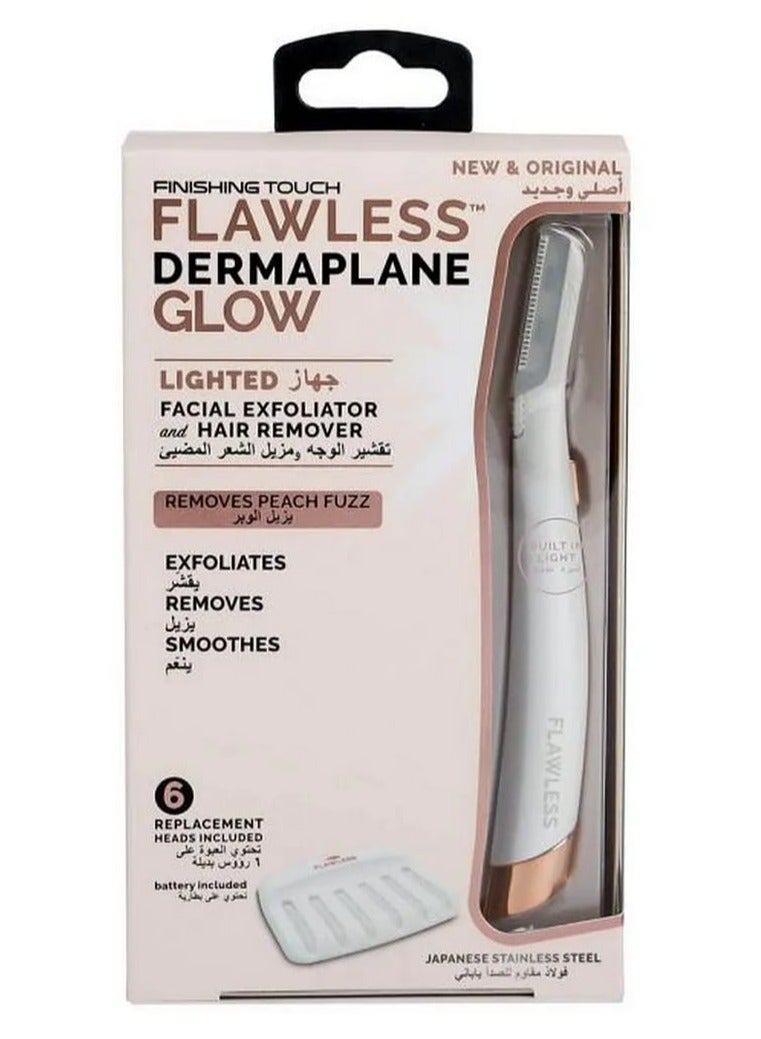 Flawless Dermaplane Glow, Lighted Facial Exfoliator and Hair Remover, 6 Replacement Heads Included - Image 1