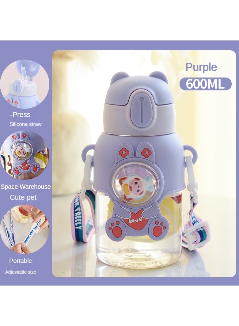 Portable Cute Cartoon Kid Water Bottle, Flip Top Straw Water Cup With Strap, Suitable For Outdoor Sports, Fitness,1pc,600ml  - Image 2