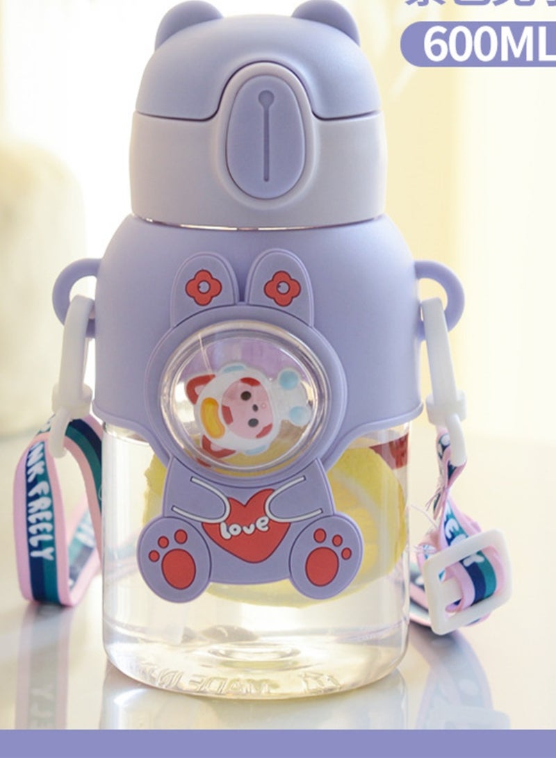 Portable Cute Cartoon Kid Water Bottle, Flip Top Straw Water Cup With Strap, Suitable For Outdoor Sports, Fitness,1pc,600ml  - Image 3