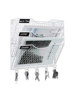 Wall File Holder Hanging Mail Organizer Metal Chicken Wire Wall Mount Magazine Rack With 5 Hooks 3Tier White
