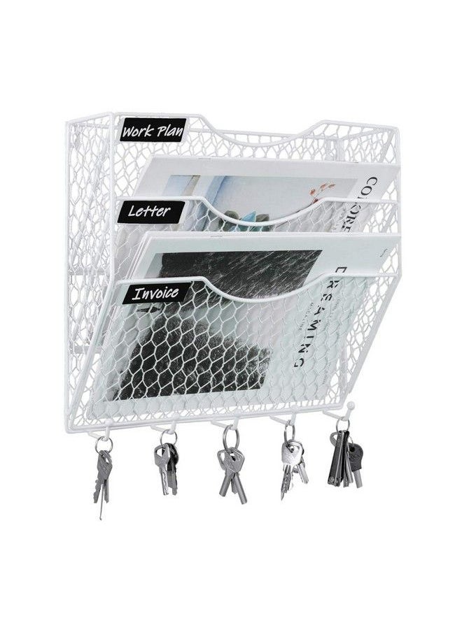 PAG - Wall File Holder Hanging Mail Organizer Metal Chicken Wire Wall Mount Magazine Rack With 5 Hooks 3Tier White - Image 1