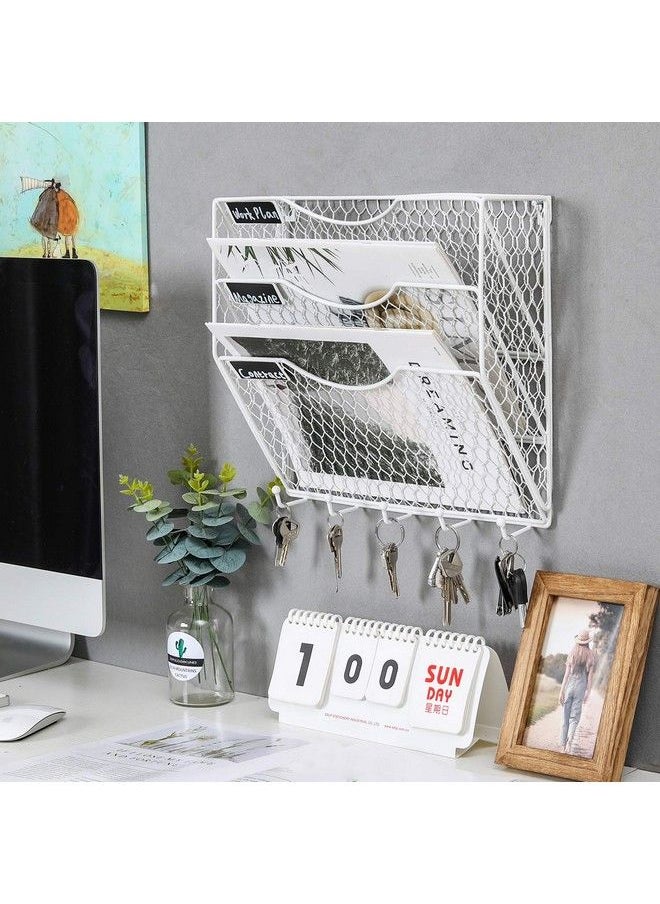 PAG - Wall File Holder Hanging Mail Organizer Metal Chicken Wire Wall Mount Magazine Rack With 5 Hooks 3Tier White - Image 1