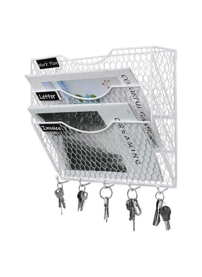 PAG - Wall File Holder Hanging Mail Organizer Metal Chicken Wire Wall Mount Magazine Rack With 5 Hooks 3Tier White - Image 1
