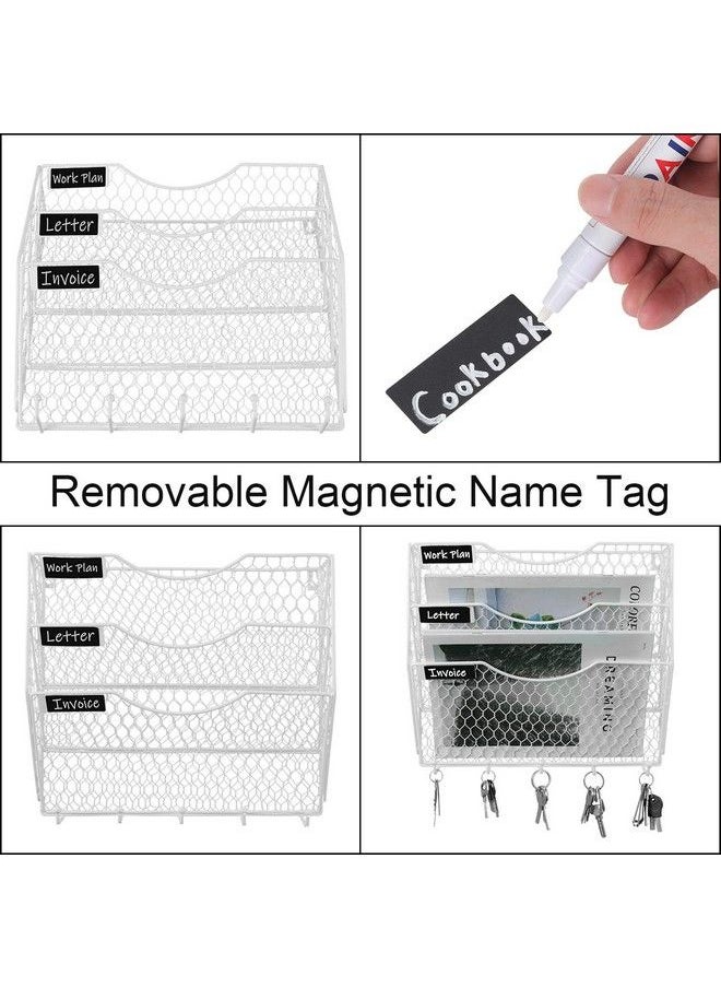 PAG - Wall File Holder Hanging Mail Organizer Metal Chicken Wire Wall Mount Magazine Rack With 5 Hooks 3Tier White - Image 1