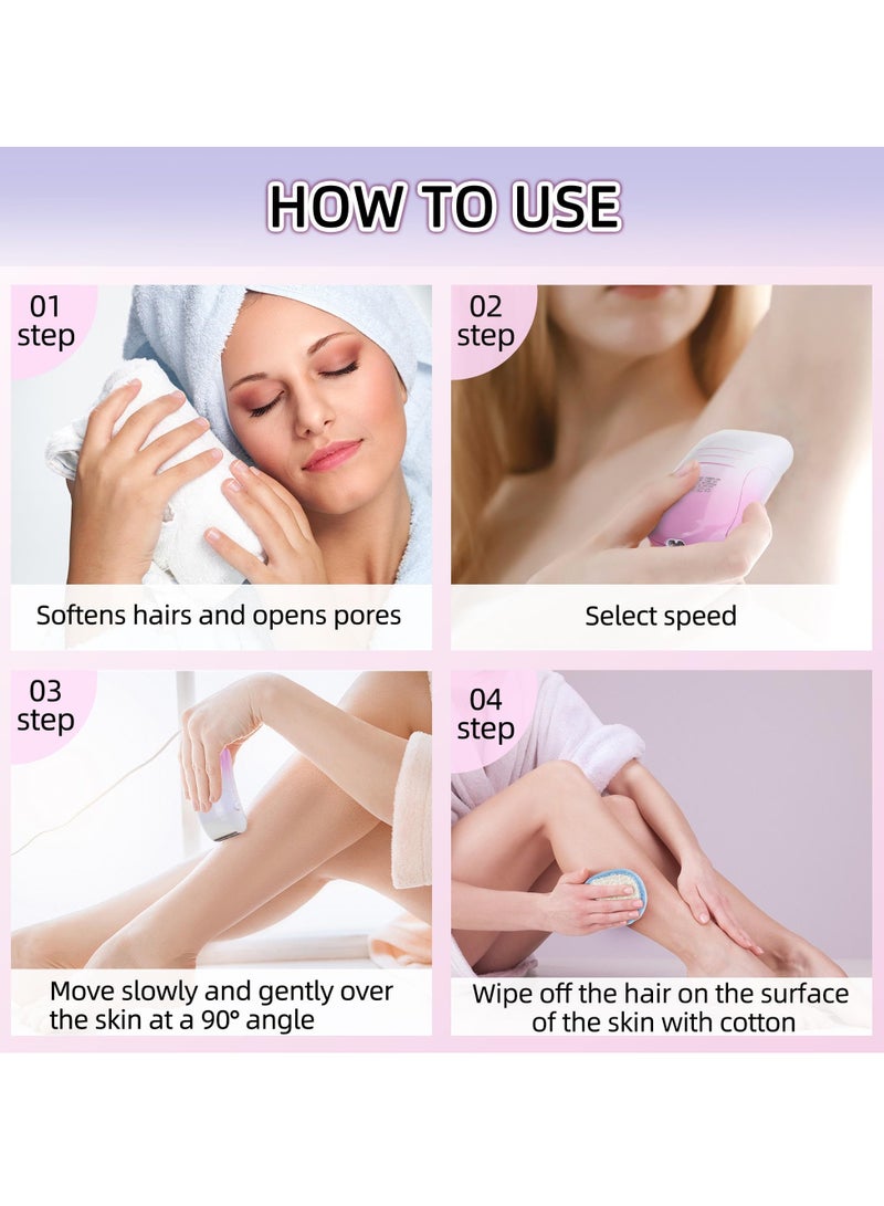SYOSI ماكينة إزالة شعر الوجه الكهربائية للنساء، ماكينة إزالة شعر الوجه الذكية المحمولة والرطبة والجافة، سريعة وبطيئة، تعديل سرعتين، مقاومة للماء IPX6، ماكينة حلاقة للوجه بدون ألم 3 في 1 قابلة لإعادة الشحن عبر USB، ماكينة تشذيب البكيني - Image 4