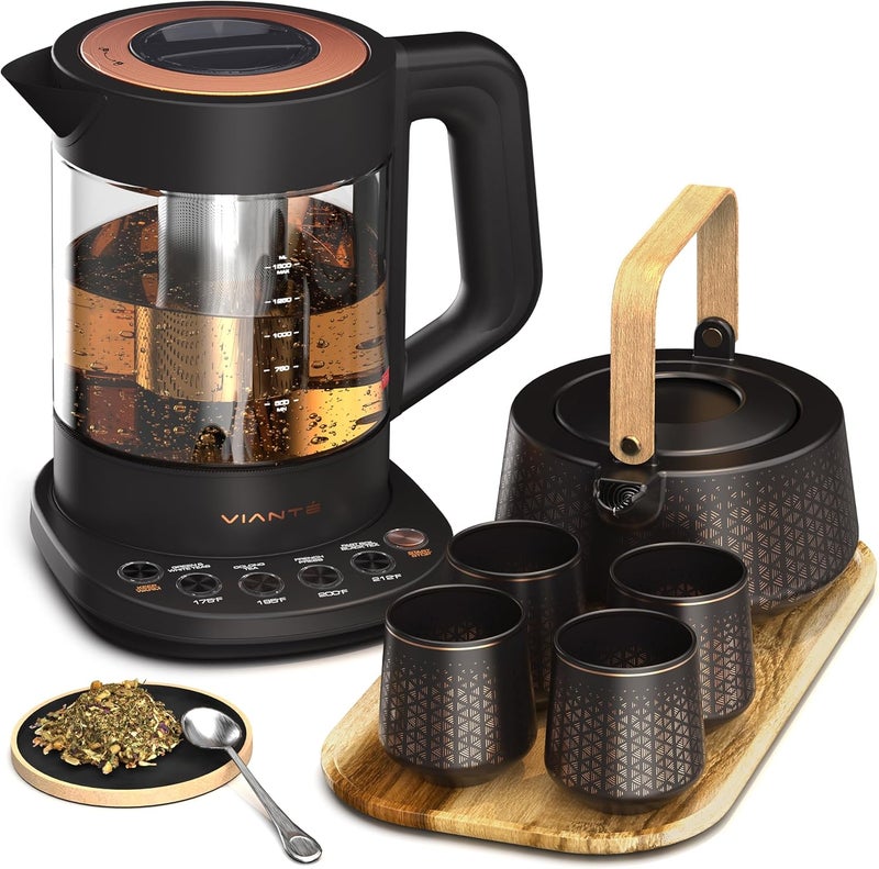 Vianté Luxury Tea Set. Electric Kettle with Infuser for Loose Leaf And Ceramic Serving Set. Teapot and Cup Set with Wooden Tray. Excellent Gift Idea For Tea Lovers. - Image 1