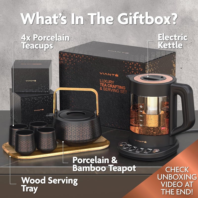 Vianté Luxury Tea Set. Electric Kettle with Infuser for Loose Leaf And Ceramic Serving Set. Teapot and Cup Set with Wooden Tray. Excellent Gift Idea For Tea Lovers. - Image 3