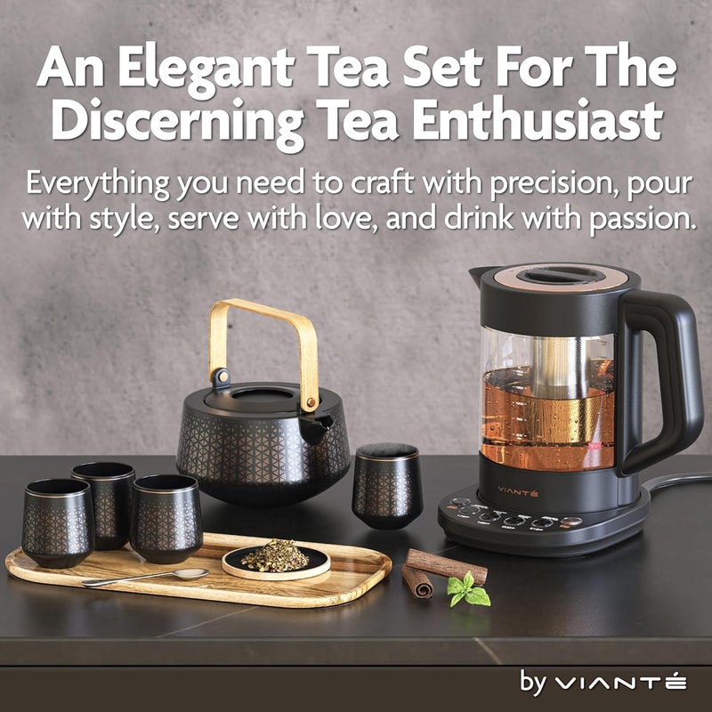 Vianté Luxury Tea Set. Electric Kettle with Infuser for Loose Leaf And Ceramic Serving Set. Teapot and Cup Set with Wooden Tray. Excellent Gift Idea For Tea Lovers. - Image 2