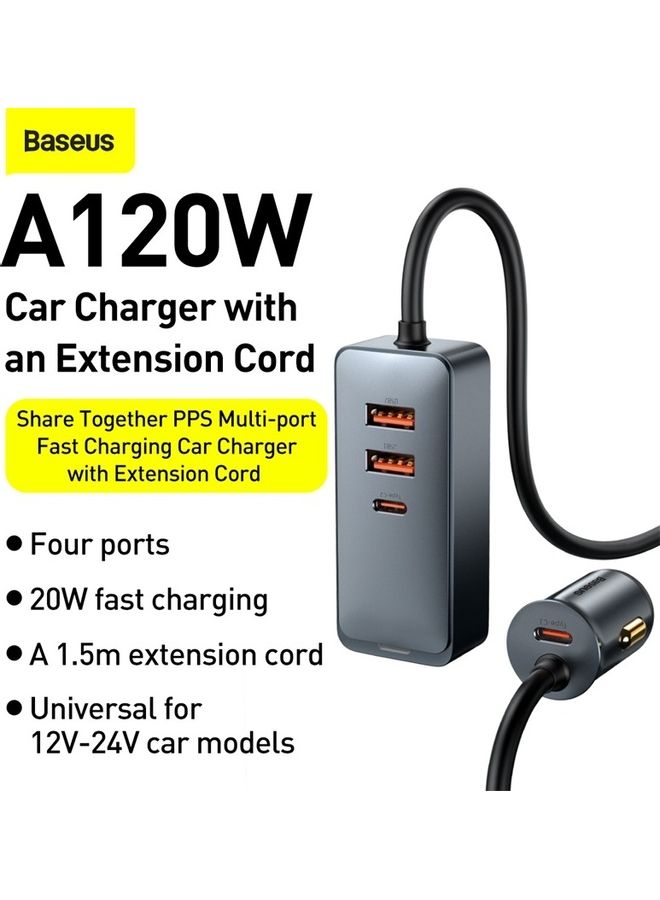 بيسوس شاحن سيارة بقوة 120 وات متعدد المنافذ USB ‎‎‎‎‎‎‎‎[QC3.0 & PD 3.0] ذو 4 منافذ شحن سريع بقوة 30 وات، منفذ USB C لأجهزة الهاتف/ أجهزة التابلت/ سويتش، وكابل بطول 5 أقدام للشحن في المقعد الخلفي - CCBT (منفذا USB + منفذي TYPE C) - Image 2