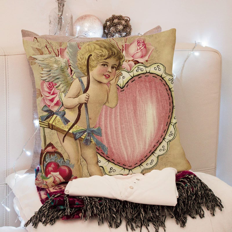 AnyDesign Vintage Valentine's Day Pillow Covers 18 x 18 Inch Retro Angels Throw Pillow Case Decorative Cushion Cover for Sofa Couch Wedding Anniversary Home, Set of 4 - Image 4