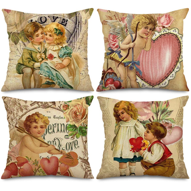AnyDesign Vintage Valentine's Day Pillow Covers 18 x 18 Inch Retro Angels Throw Pillow Case Decorative Cushion Cover for Sofa Couch Wedding Anniversary Home, Set of 4 - Image 1