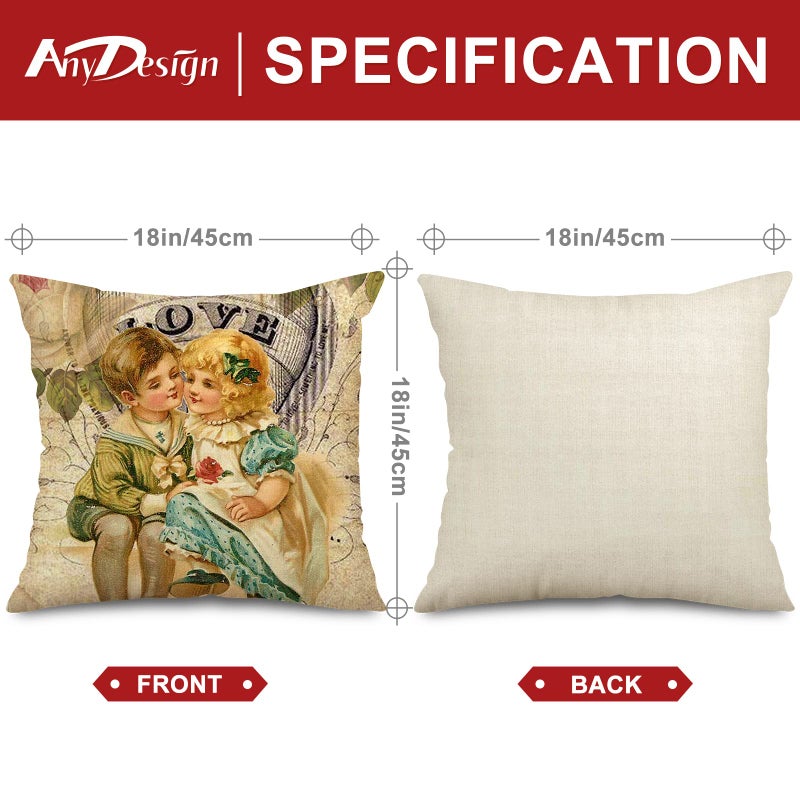 AnyDesign Vintage Valentine's Day Pillow Covers 18 x 18 Inch Retro Angels Throw Pillow Case Decorative Cushion Cover for Sofa Couch Wedding Anniversary Home, Set of 4 - Image 2