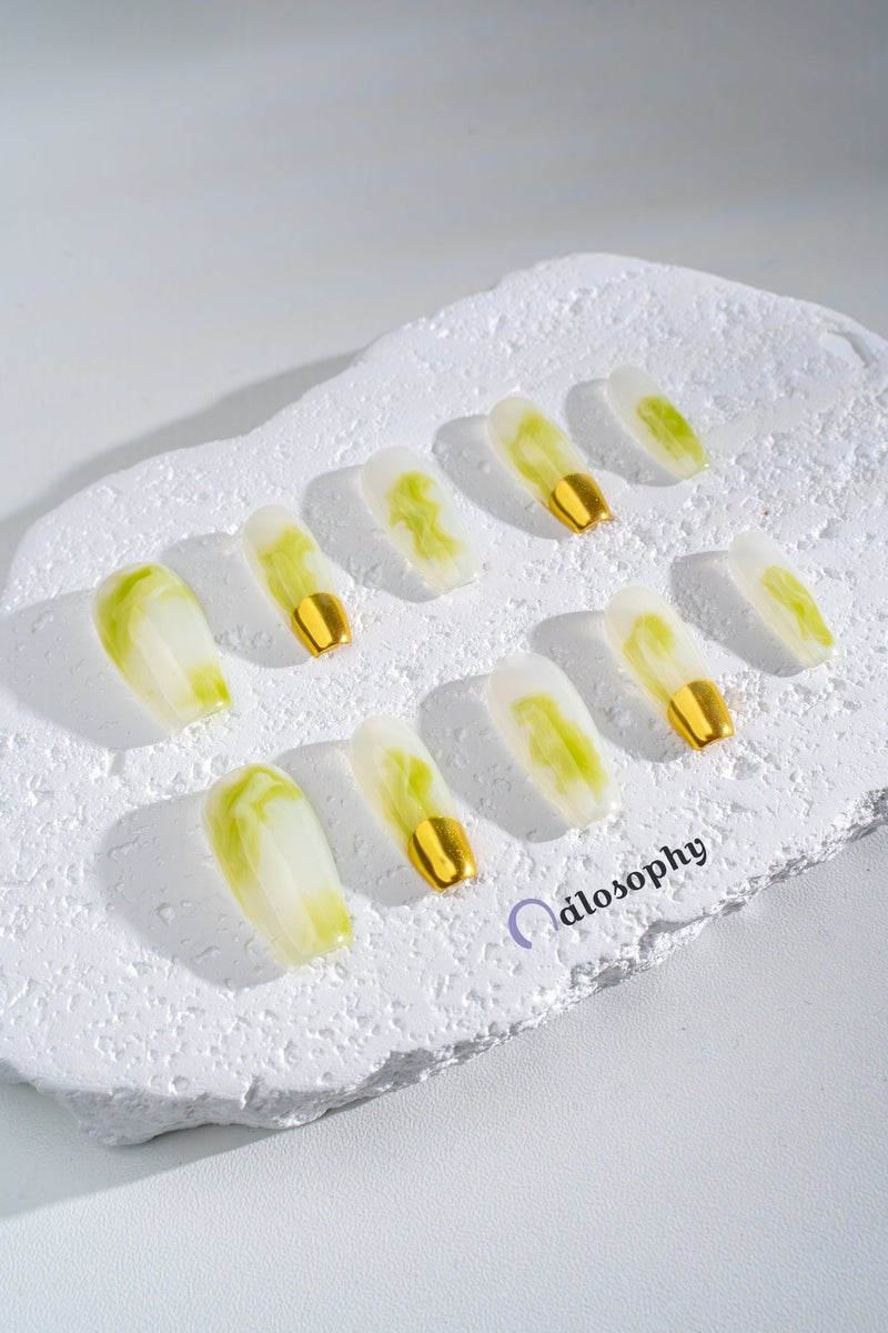 Nailosophy 10 Pcs Handmade Gel Press On Nails Coffin Long Green Watercolor Gold Chrome Tip Reusable False Nails Nail Kit for Women Party Wedding Eid Special Occasions - Image 2